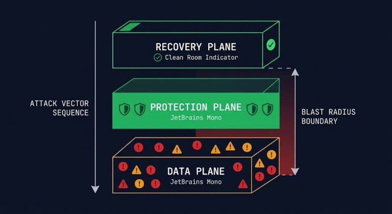 backup architecture control plane diagram showing data plane protection plane and recovery plane with adversarial attack vector and blast radius boundary