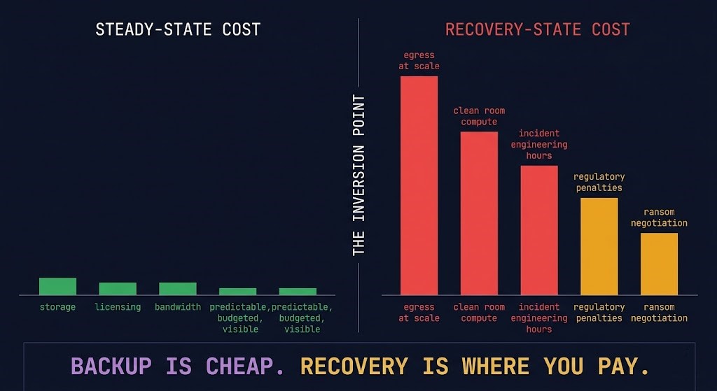 backup architecture cost inversion diagram showing steady state storage costs versus recovery state egress compute and incident costs with inversion point