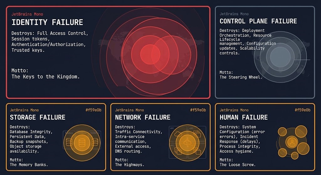 backup architecture failure domains showing identity failure storage failure network failure control plane failure and human failure with blast radius indicators