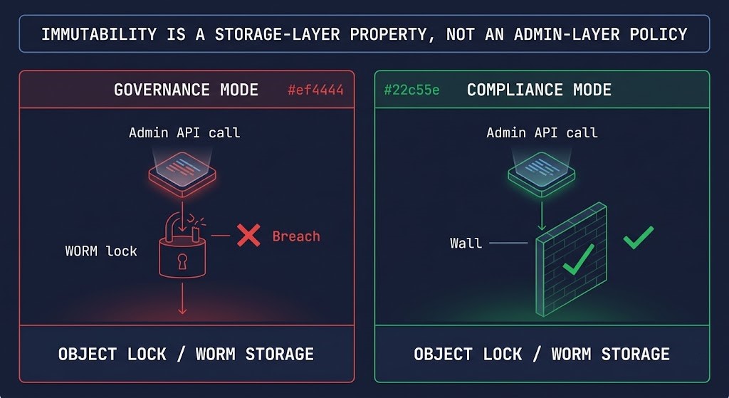 backup immutability enforcement comparison showing governance mode vulnerability versus compliance mode storage layer enforcement for WORM object lock