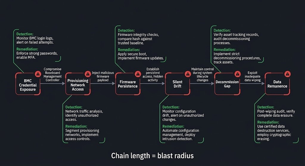 Bare metal orchestration adversarial failure mode diagram showing attack paths from BMC credential exposure through firmware persistence to data remanence