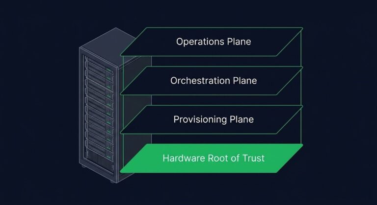 Bare metal orchestration architecture diagram showing physical server lifecycle control from BMC through provisioning orchestration and operations planes