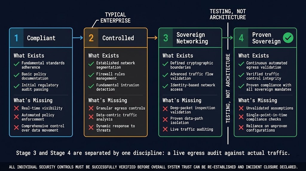 Diagram showing bare metal offline provisioning test with dead node blank disk no WAN connectivity as the sovereignty validation scenario