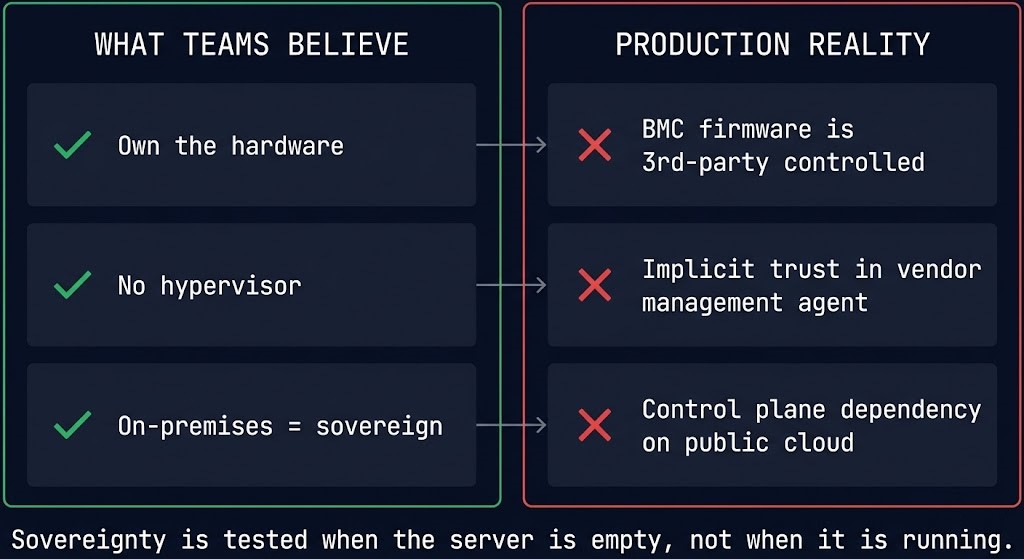 Bare metal sovereignty illusion diagram showing common architectural beliefs versus production reality of external BMC and firmware dependencies