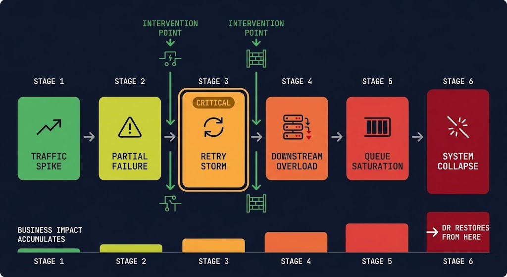 Continuity cascade failure sequence diagram showing six stages from traffic spike through partial failure, retry storm, downstream overload, queue saturation, and system collapse — with green intervention point markers between stages two and three showing where circuit breakers and bulkhead isolation interrupt the cascade, and a business impact accumulation bar growing across all six stages