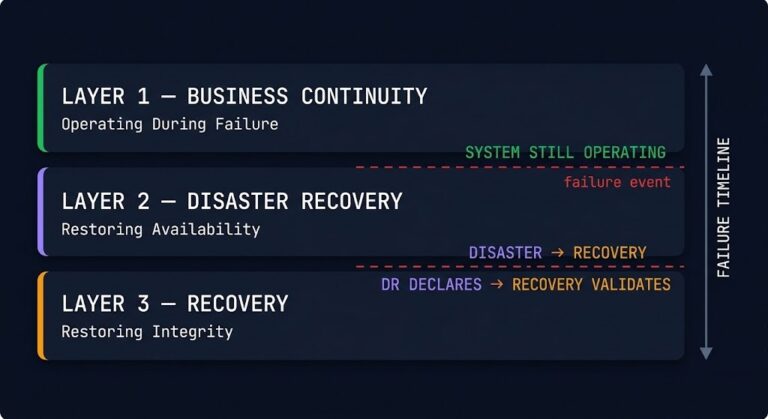 Three-layer resilience model featuring Business Continuity as Layer 1 operating during failure, Disaster Recovery as Layer 2 restoring availability, and Recovery as Layer 3 restoring integrity — with vertical failure timeline showing the activation sequence of each layer