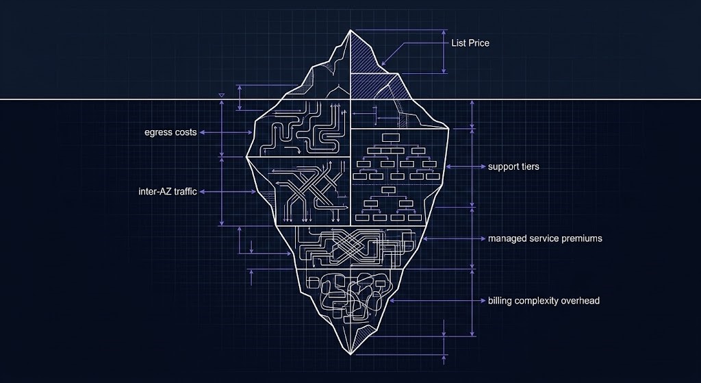 Cloud cost iceberg diagram showing list price above the waterline and hidden costs including egress, inter-AZ traffic, and billing complexity below