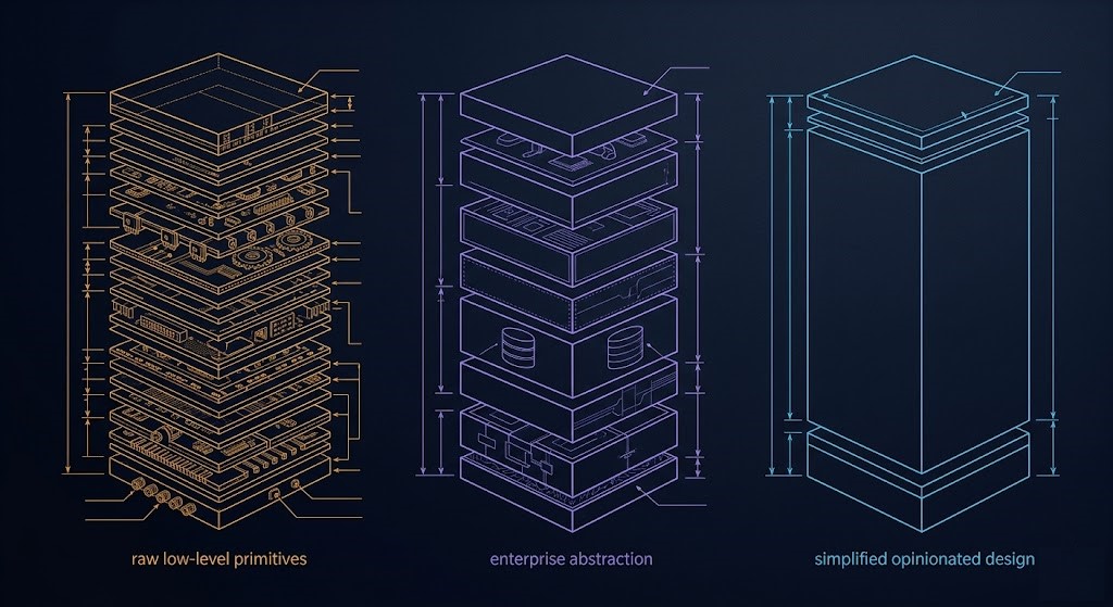 Three cloud provider architecture stack diagrams showing AWS low-level control, Azure enterprise abstraction, and GCP opinionated simplicity
