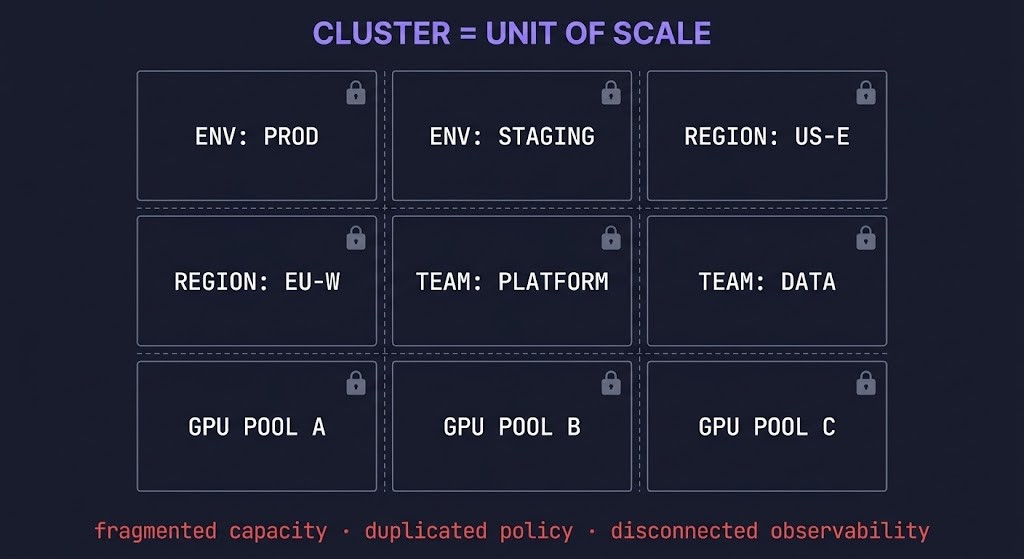 Cluster multiplication model — Kubernetes scaling by adding clusters creates fragmented capacity pools