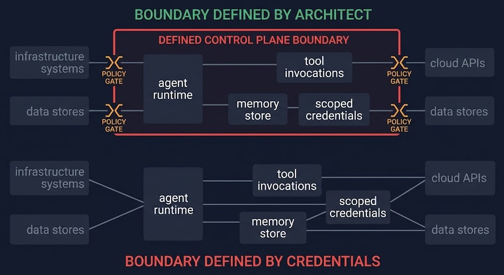 architecture diagram showing explicitly defined agentic AI control plane boundary with enforced policy gates at system crossing points