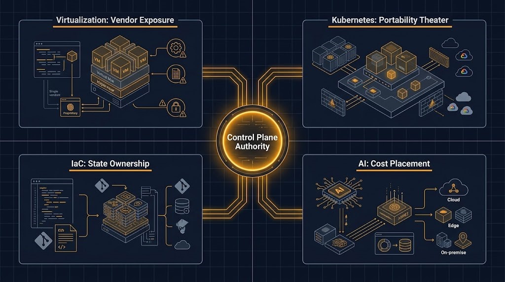 Four-axis control plane decision framework diagram showing VMware vendor exposure, Kubernetes portability, AI cost shift, and IaC state ownership as parallel decision surfaces converging on a central control plane authority question