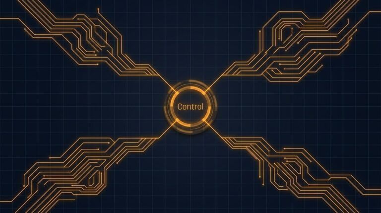 Control plane shift illustrated as four converging infrastructure decision paths rendered as glowing amber circuit lines on a dark blueprint grid background representing VMware, Kubernetes, AI, and IaC architectural decisions