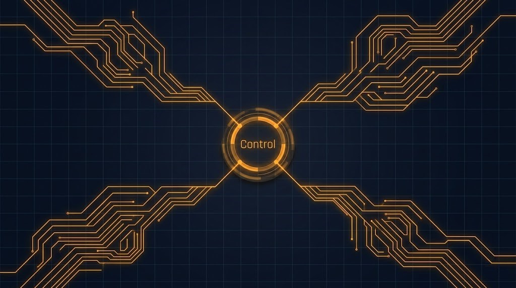 Control plane shift illustrated as four converging infrastructure decision paths rendered as glowing amber circuit lines on a dark blueprint grid background representing VMware, Kubernetes, AI, and IaC architectural decisions