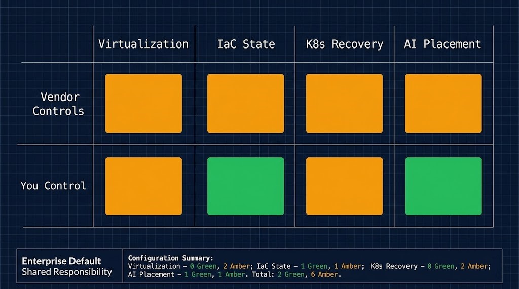 Control plane survivability matrix showing four infrastructure layers — virtualization, IaC state, Kubernetes backup, and AI placement — each rated on vendor control risk versus operational independence with amber risk indicators