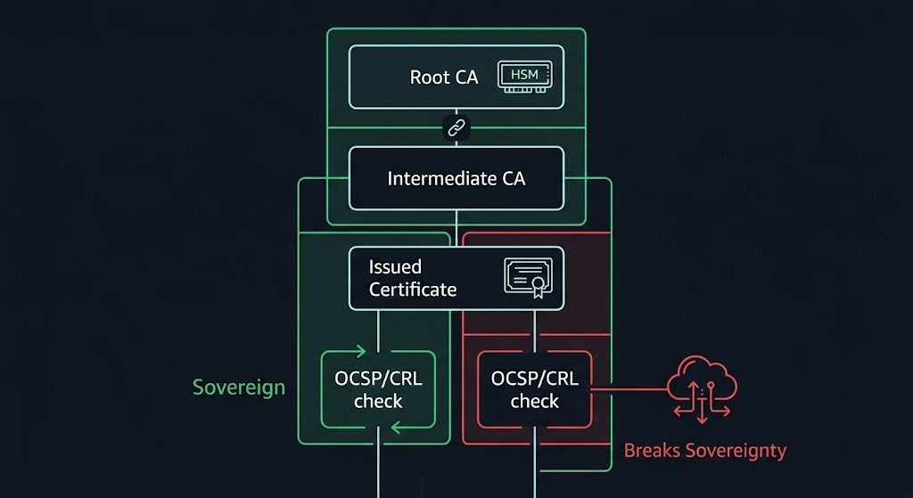 PKI trust chain diagram showing root CA placement and OCSP CRL external dependency breaking cryptographic sovereignty