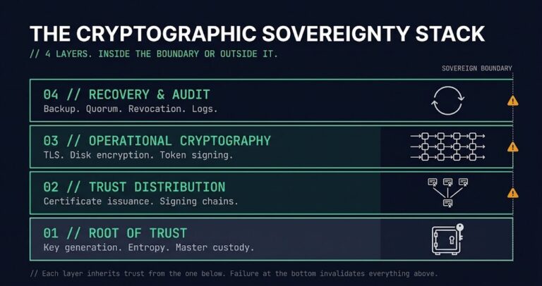 Rack2Cloud Cryptographic Sovereignty Stack diagram showing four labeled layers from root of trust through trust distribution, operational cryptography, and recovery and audit
