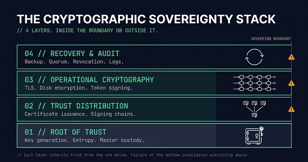 Rack2Cloud Cryptographic Sovereignty Stack diagram showing four labeled layers from root of trust through trust distribution, operational cryptography, and recovery and audit