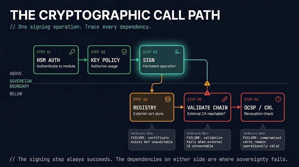 Cryptographic call path diagram showing six labeled steps in a single signing operation with three steps inside the sovereign boundary and three steps outside causing trust chain failure