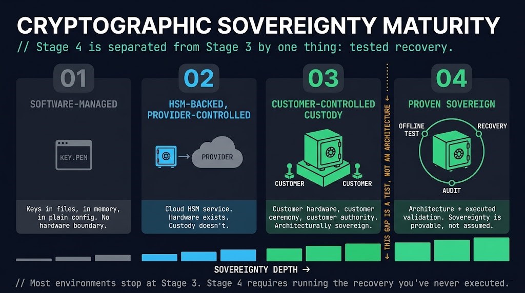 Four-stage maturity progression diagram for cryptographic sovereignty showing stages from software-managed keys through HSM-backed provider control to customer-controlled custody to proven sovereign trust