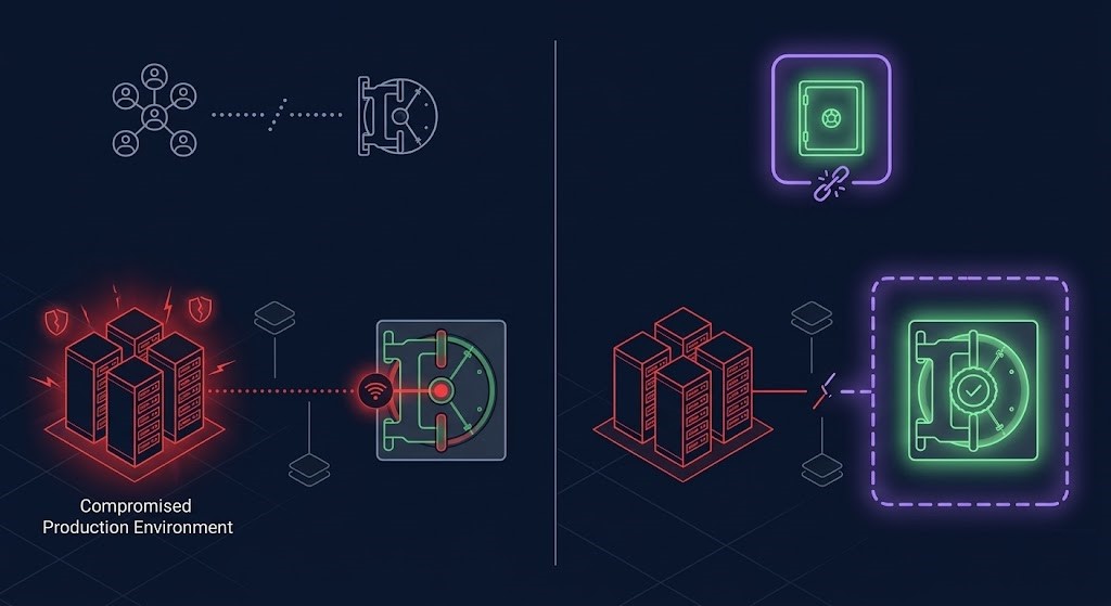 air gap architecture comparison showing connected air gap with residual network path versus true isolated vault with no persistent connection from compromised environment