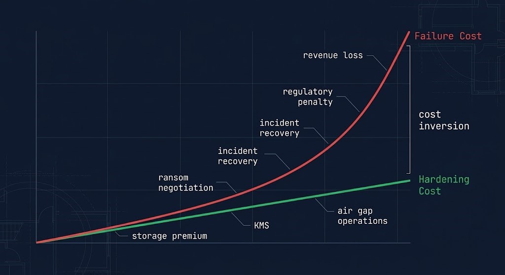 data hardening cost model showing linear cost of hardening controls versus exponential cost of hardening failure including ransom egress incident and regulatory costs
