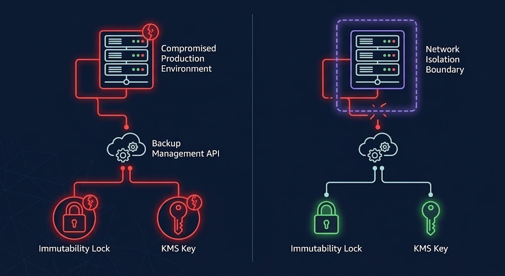 data hardening management plane reachability diagram showing immutable backup and encryption failure when management API is accessible from compromised production environment