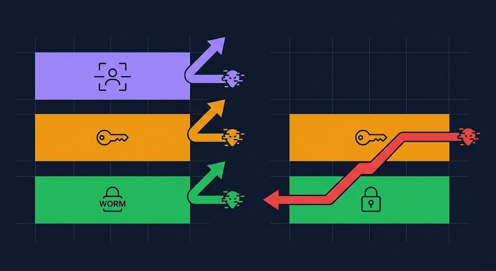 data hardening three layers immutability encryption identity isolation architecture diagram with ransomware attack path showing where each layer deflects the attack
