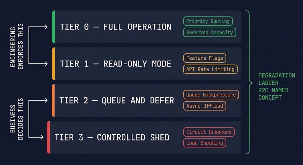 Business continuity architecture degradation ladder diagram showing four descending tiers — Tier 0 full operation through Tier 3 controlled shed — with enforcement mechanism tags at each tier including priority routing, feature flags, queue backpressure, and circuit breakers — and left-side annotations distinguishing engineering enforcement from business tier assignment decisions