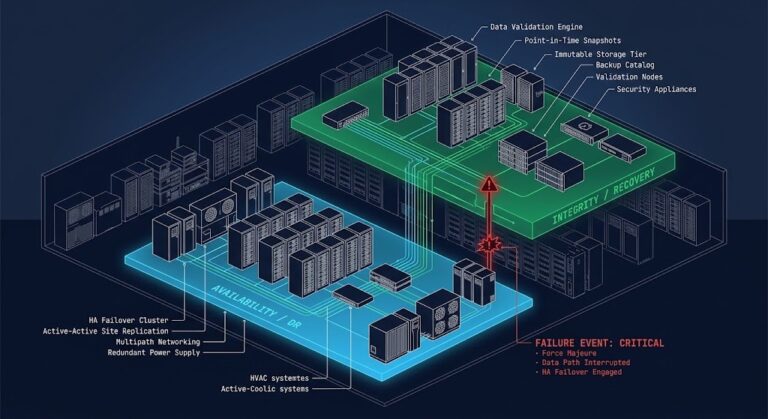 Disaster recovery and failover architecture diagram showing two-layer resilience model with availability and integrity planes