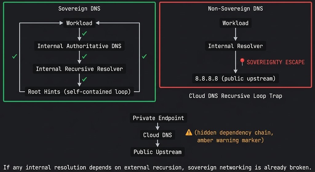 DNS sovereignty architecture diagram contrasting sovereign internal resolver chain against non-sovereign external recursive dependency showing sovereignty escape point