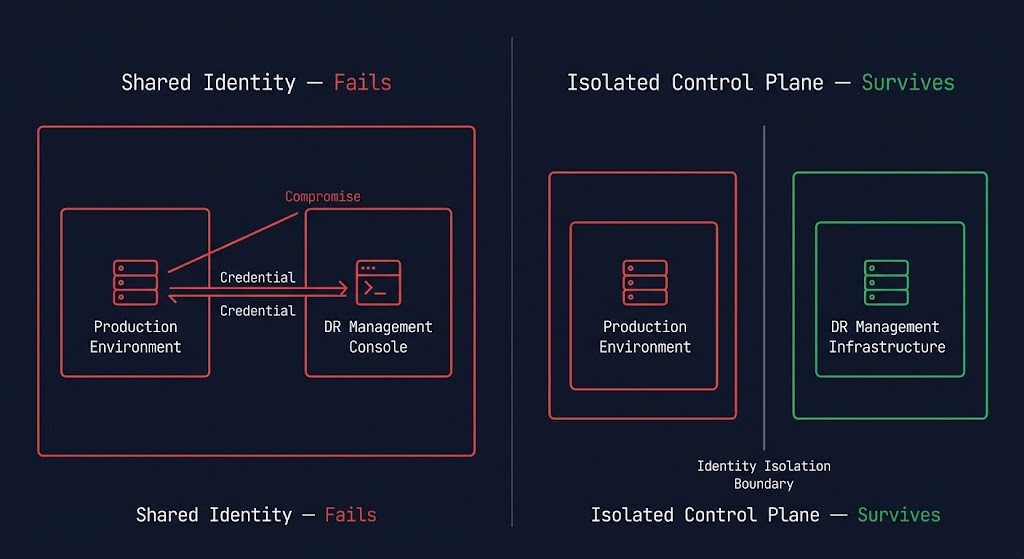 DR control plane architecture comparison showing shared identity failure model on left and isolated control plane survival model on right with identity boundary diagram