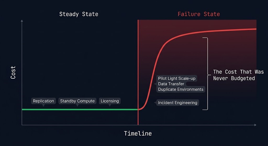 DR cost physics diagram showing steady-state operational costs versus failure-state incident costs with cost inversion curve at point of DR activation