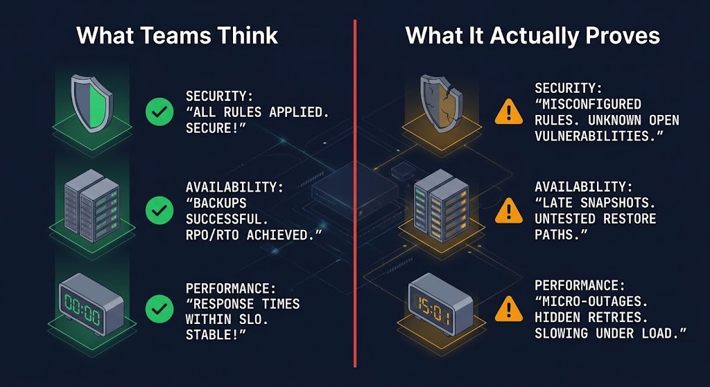 Disaster recovery illusion diagram showing what teams think DR proves versus what it actually proves — infrastructure boot versus application integrity