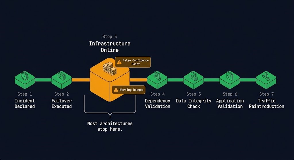 disaster recovery failover seven-step recovery sequence diagram showing false confidence point at Step 3 infrastructure online