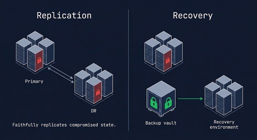 Replication versus recovery divergence diagram showing replication copying compromised state to DR site on left and clean recovery path from isolated backup on right