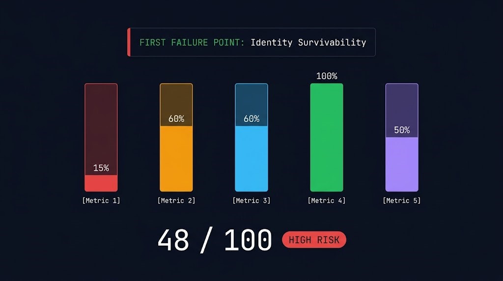 Recovery Readiness Assessment tool showing architecture failure analysis scorecard with identity survivability control plane availability and first failure point callout