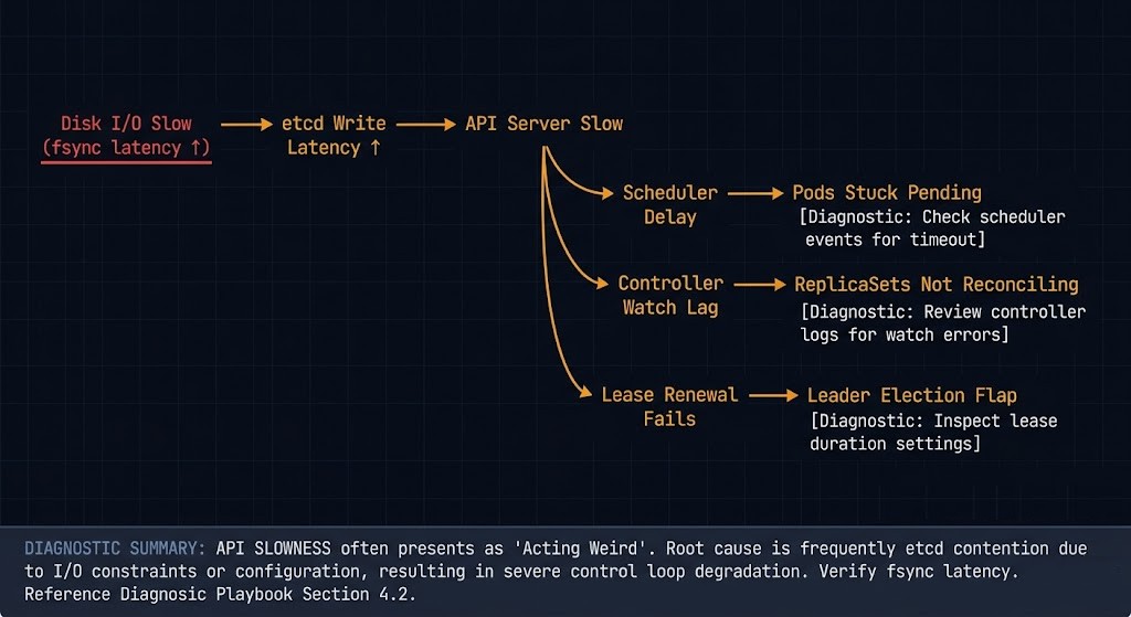 etcd kubernetes failure cascade showing disk latency causing API server lag, controller drift, and stuck pods