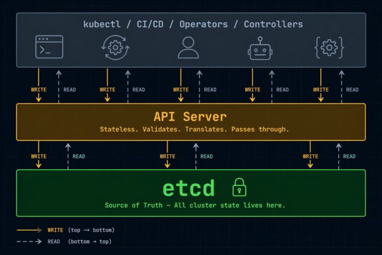 etcd kubernetes state layer — API server as stateless translation layer over etcd key-value store