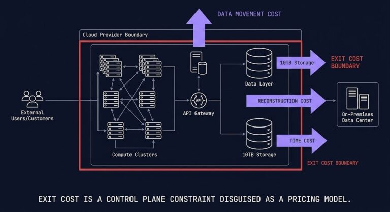 Exit cost architecture diagram showing the three constraint layers: data movement cost, reconstruction cost, and time cost as control plane boundaries