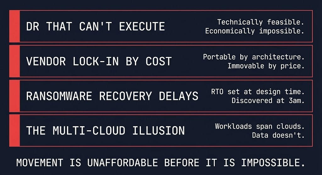 Four exit cost architecture failure modes: DR that can't execute, vendor lock-in by cost, ransomware recovery delays, and the multi-cloud illusion