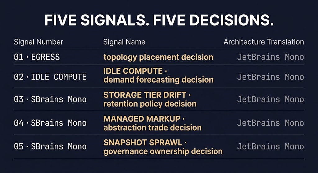 Five architecture signals from the cloud bill analysis — egress, idle compute, storage drift, managed markup, snapshot sprawl