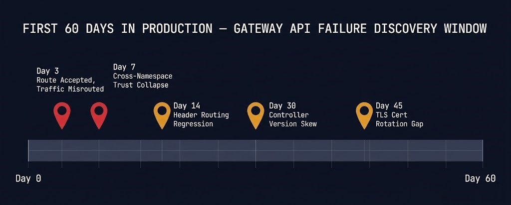 Gateway API production failure modes timeline showing discovery windows for five failure patterns in first 60 days