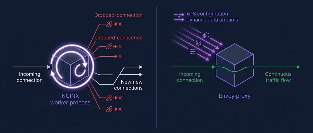 Kubernetes ingress controller reload-based vs dynamic xDS configuration architecture comparison