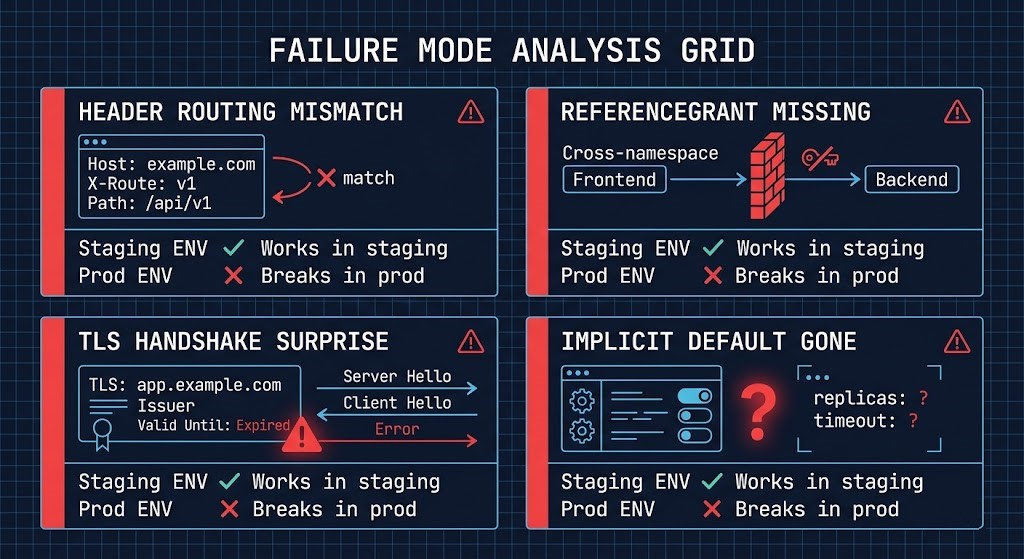 Four Gateway API migration production failure modes — header routing mismatch, ReferenceGrant missing, TLS handshake surprise, and implicit defaults disappearing