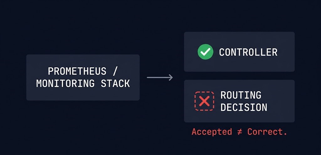 Diagram showing Prometheus monitoring reaching controller layer but not Gateway API routing decision layer