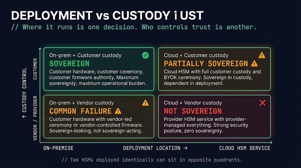2x2 matrix diagram showing HSM deployment location on horizontal axis versus custody control on vertical axis, with four quadrants illustrating sovereign and non-sovereign architectures
