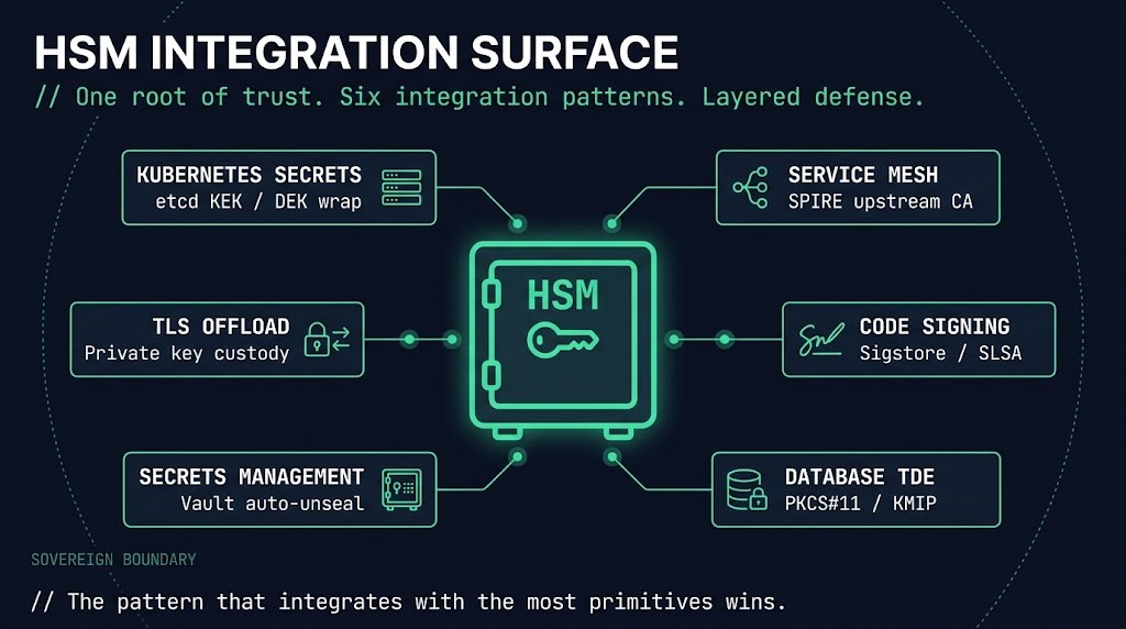 HSM integration diagram showing one central hardware security module connected to six labeled architectural patterns including Kubernetes secrets, service mesh, code signing, database encryption, secrets management, and TLS offloading