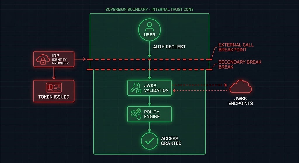 Identity call path diagram showing external dependency escape points that break sovereign infrastructure boundary
