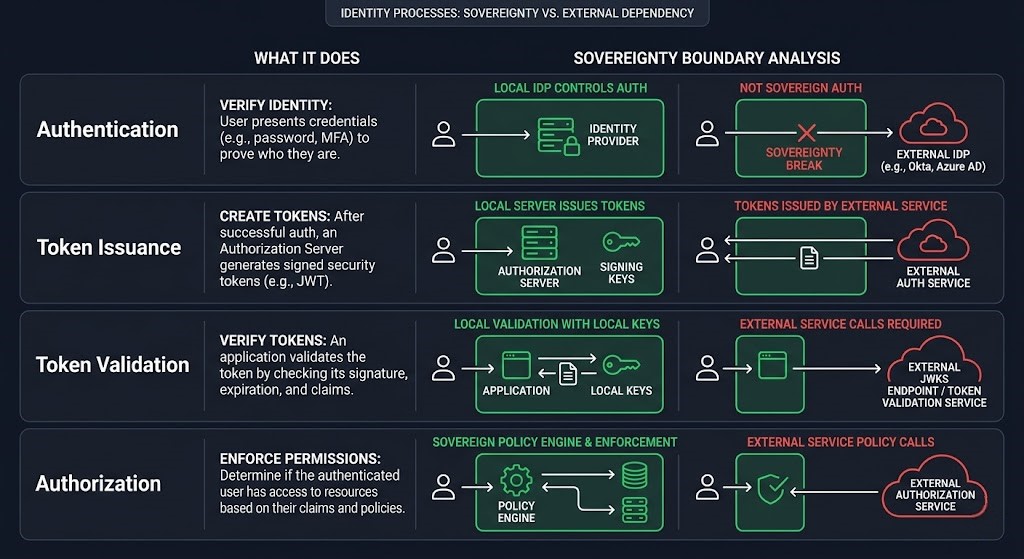 Identity control plane four-layer model showing authentication token issuance validation and authorization dependency surfaces