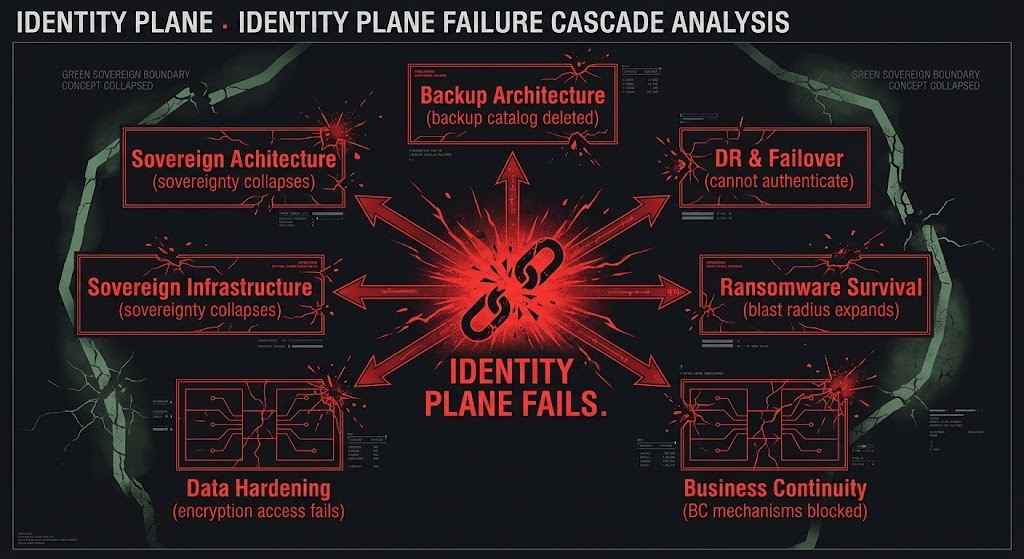 Identity plane failure cascade diagram showing impact across backup DR ransomware business continuity data hardening and sovereign infrastructure